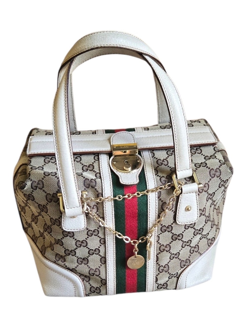Gucci White/Beige GG Supreme Canvas Top Handle Bag with Web Stripe - Picture 2 of 11
